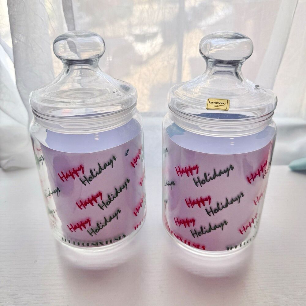 Vintage 2x Clear Glass Luminarc Happy Holidays Christmas Cookie Jars w Lids, L5